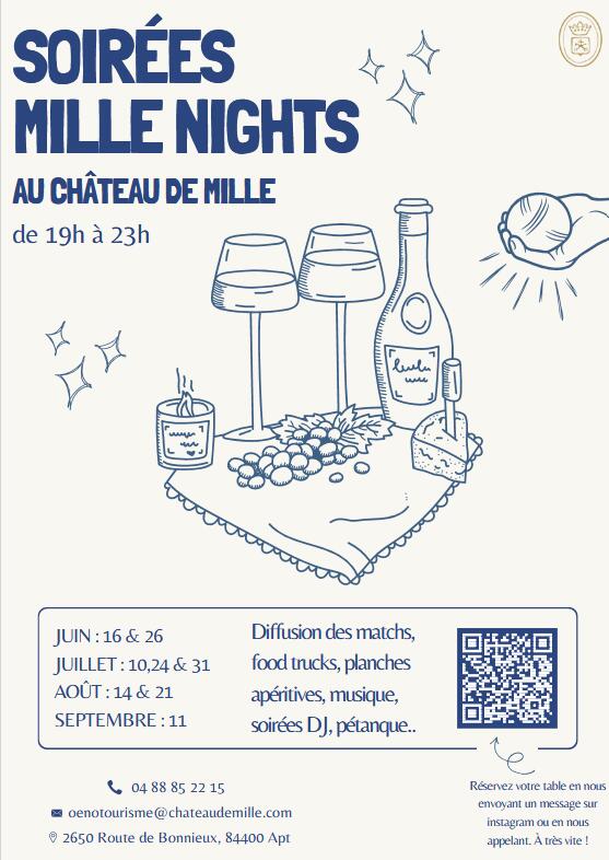 Mille Nights brings summer evenings to Chรขteau de Mille near Apt, with food trucks, shared platters, music, pรฉtanque and DJ nights from June through September. The chรขteau also screens matches, making it a relaxed spot for wine, food and entertainment from 7-11 p.m.