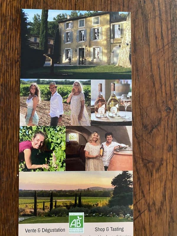 A flyer of Chateau Constantin, a Luberon winery. It has photos of the Bagnis family that owns it.