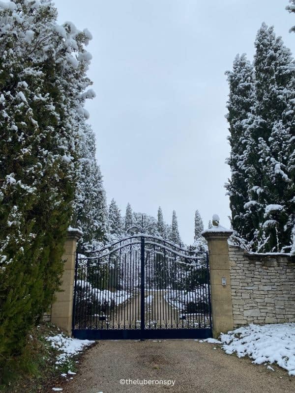 The gate of a house and pine trees covered in snow in a Luberon village