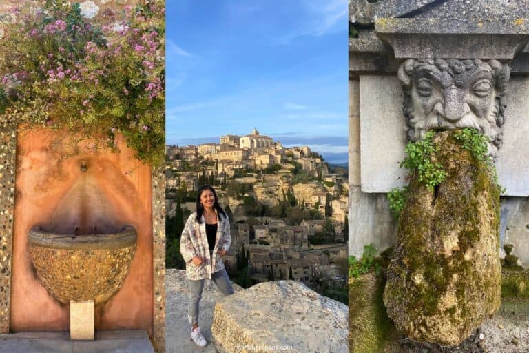 A collage of three images from Luberon: 1) A stone fountain with pink flowers in Roussillon. 2) The smiling writer posing with the hilltop village of Gordes in the background. 3) A carved stone face fountain in Lourmarin.