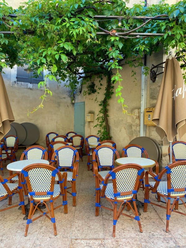 Empty café terrace with blue and white checkered chairs under lush green vines in Provence.