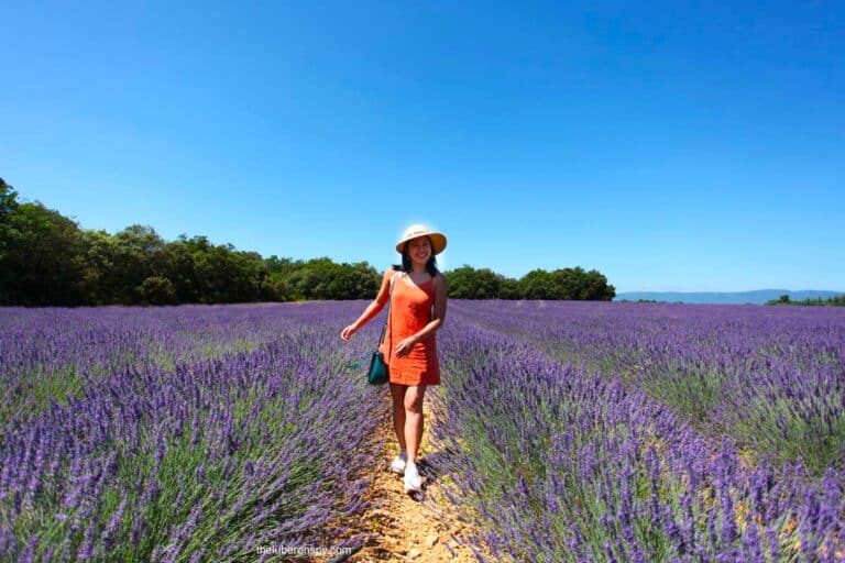 Smiling woman (the writer) in an orange dress and sun hat walking through a vibrant lavender field in Luberon, France, under a clear blue sky.