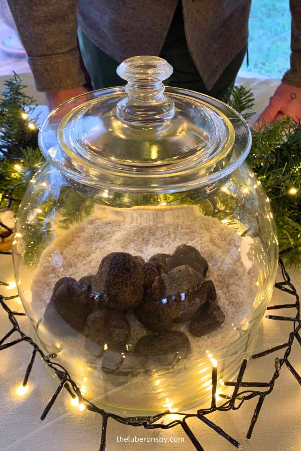 A glass jar filled with truffles, surrounded by festive string lights, is displayed at a Luberon Christmas market, adding a touch of gourmet flair to the holiday ambiance.