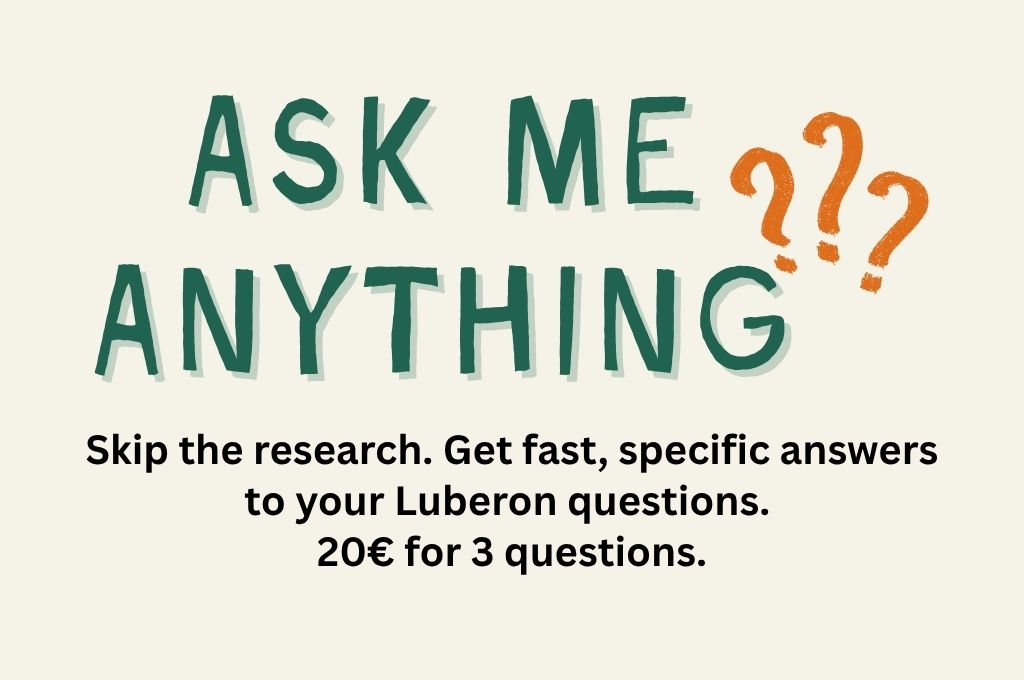 Graphic reading “Ask Me Anything” with orange question marks and text offering fast answers to Luberon travel questions for 20€ for 3 questions.