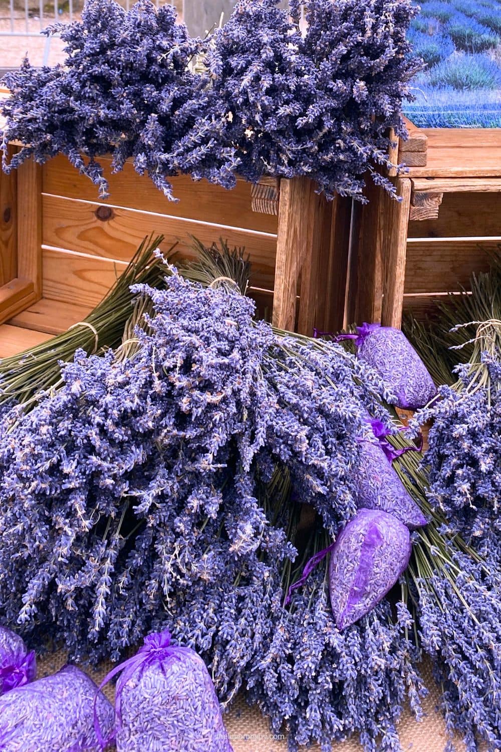 Bundles of dried lavender and lavender filled sachets displayed at a Lourmarin market stall.