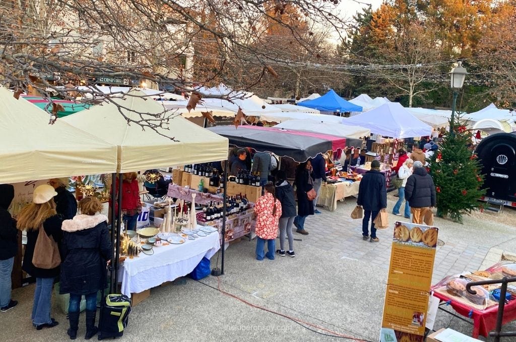 A festive winter market in Lourmarin with stalls selling wine, food, crafts, and gifts beneath colorful canopies and a decorated Christmas tree.