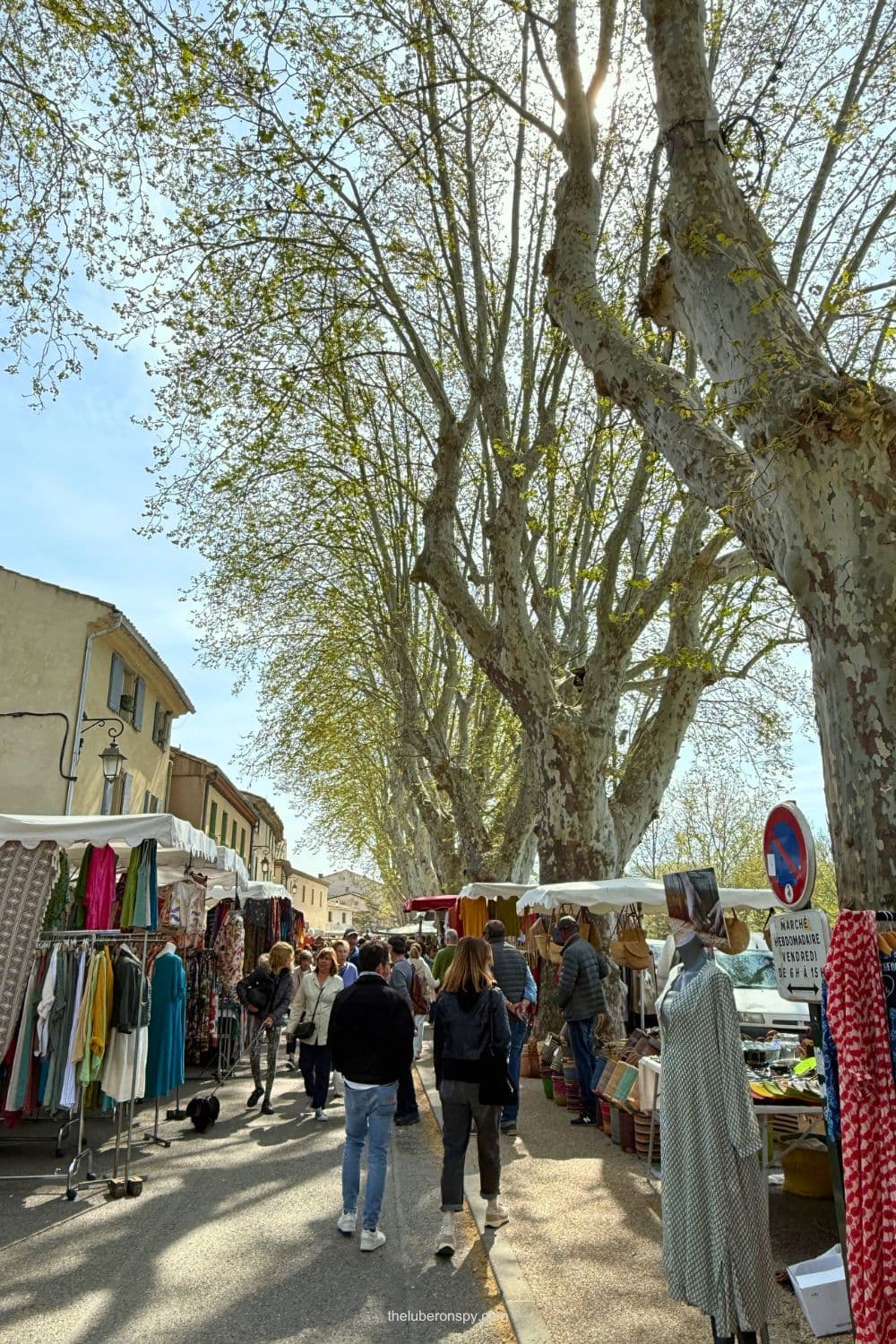A spring Lourmarin market with shoppers walking between outdoor stalls beneath tall plane trees with fresh green leaves. The stalls display colorful clothing, textiles, baskets, and other goods along the sunny street.